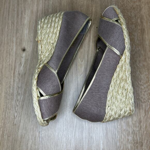 Ralph Lauren Women 9 Cecelia Gray Jersey Gold Trim Espadrille Jute Wedge Peep To - Picture 6 of 9